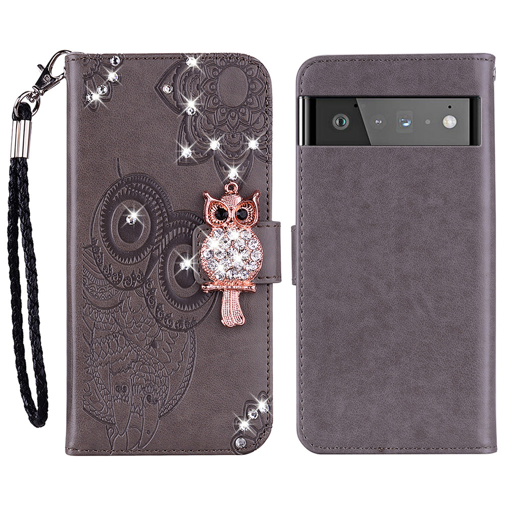 Bling Rhinestone Decor Imprinted Owl Flower Pattern Leather Case Shell with Stand Wallet for Google Pixel 6