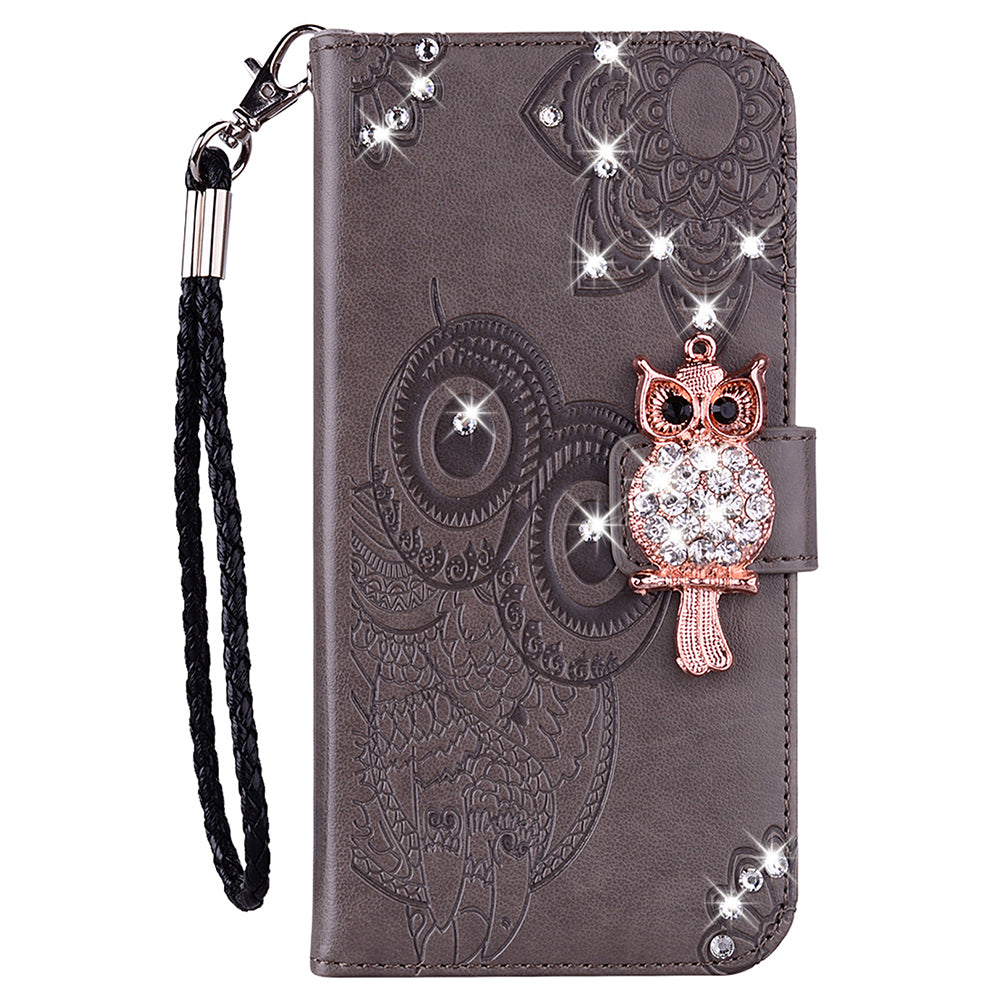 Bling Rhinestone Decor Imprinted Owl Flower Pattern Leather Case Shell with Stand Wallet for Google Pixel 6