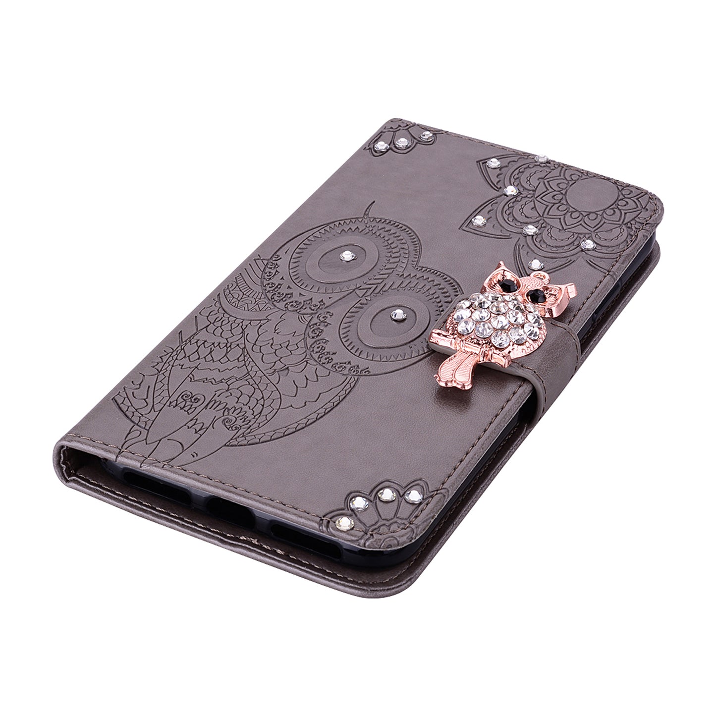 Bling Rhinestone Decor Imprinted Owl Flower Pattern Leather Case Shell with Stand Wallet for Google Pixel 6