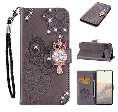 Bling Rhinestone Decor Imprinted Owl Flower Pattern Leather Case Shell with Stand Wallet for Google Pixel 6