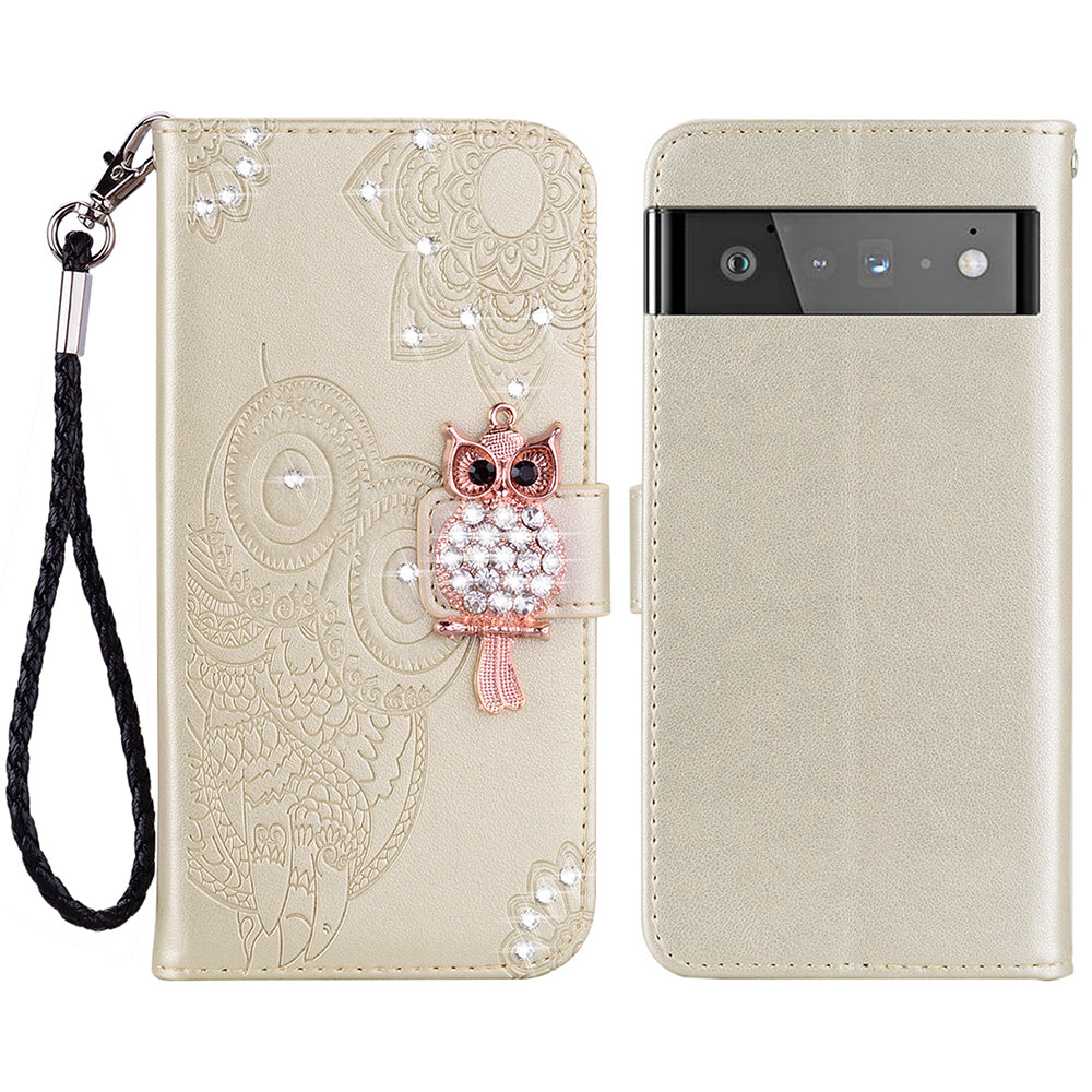 Bling Rhinestone Decor Imprinted Owl Flower Pattern Leather Case Shell with Stand Wallet for Google Pixel 6