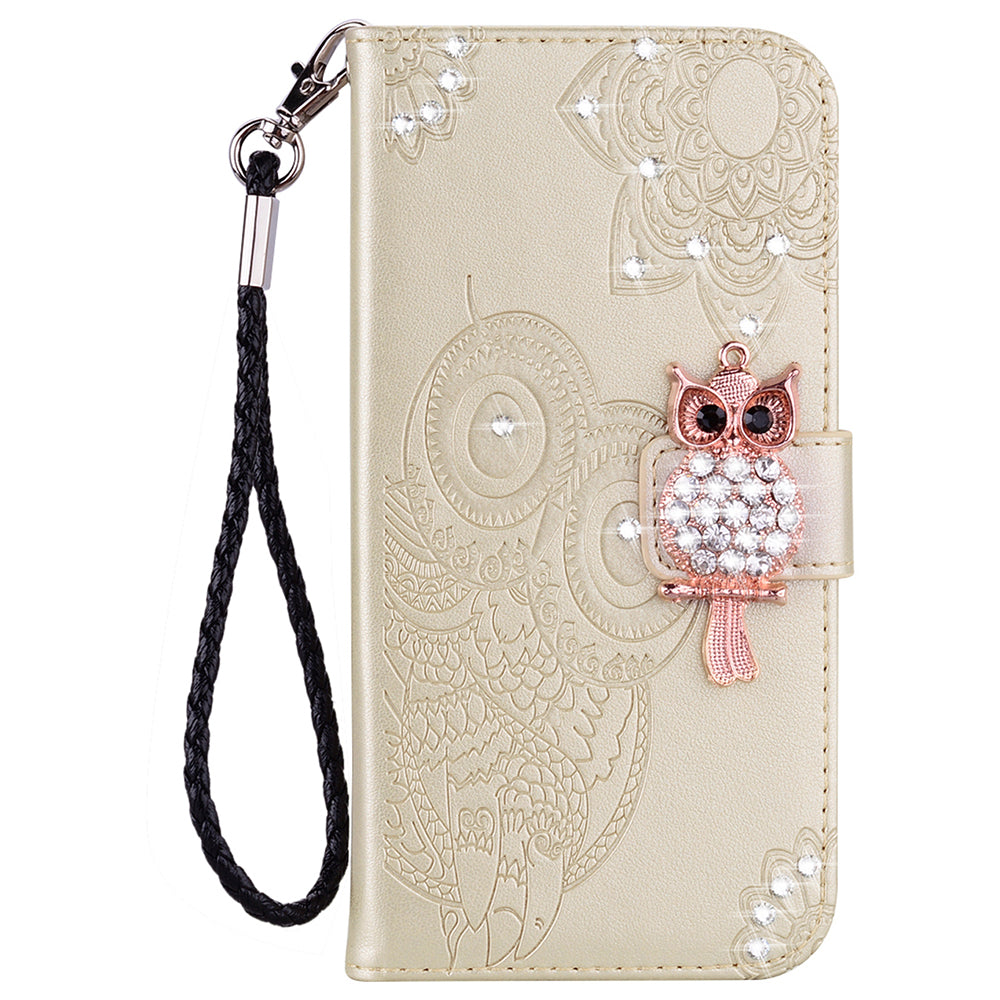 Bling Rhinestone Decor Imprinted Owl Flower Pattern Leather Case Shell with Stand Wallet for Google Pixel 6