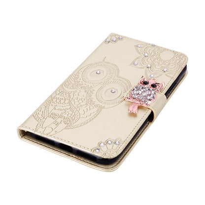 Bling Rhinestone Decor Imprinted Owl Flower Pattern Leather Case Shell with Stand Wallet for Google Pixel 6