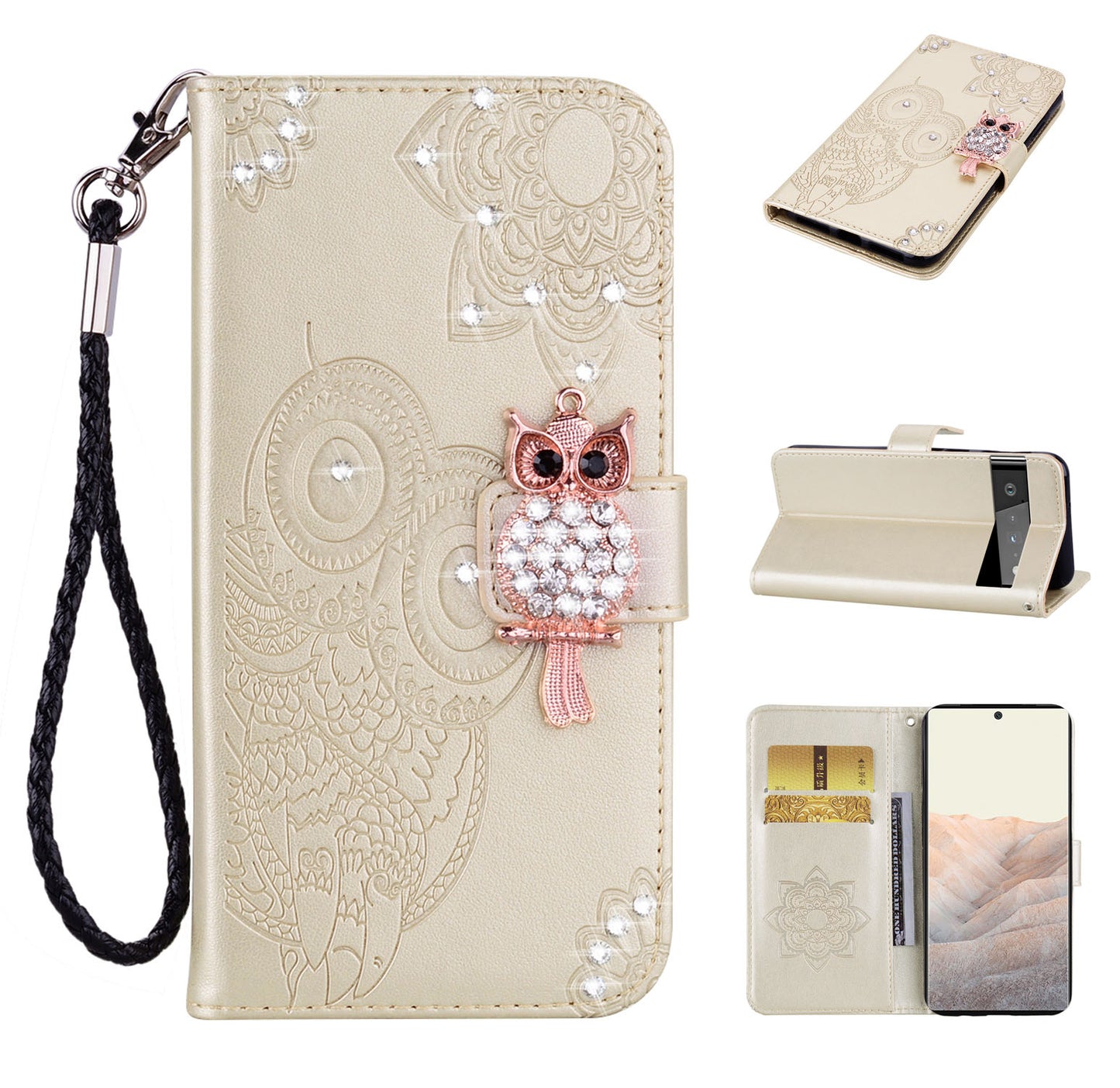 Bling Rhinestone Decor Imprinted Owl Flower Pattern Leather Case Shell with Stand Wallet for Google Pixel 6