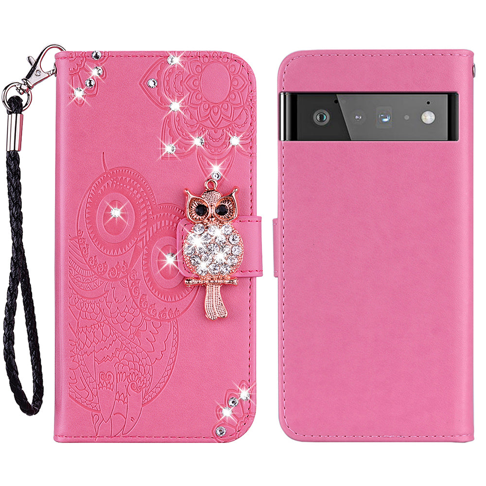 Bling Rhinestone Decor Imprinted Owl Flower Pattern Leather Case Shell with Stand Wallet for Google Pixel 6