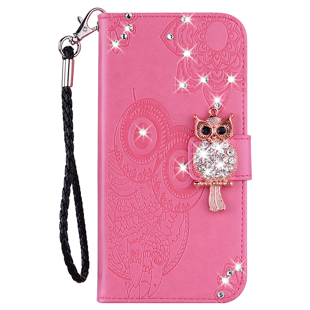 Bling Rhinestone Decor Imprinted Owl Flower Pattern Leather Case Shell with Stand Wallet for Google Pixel 6