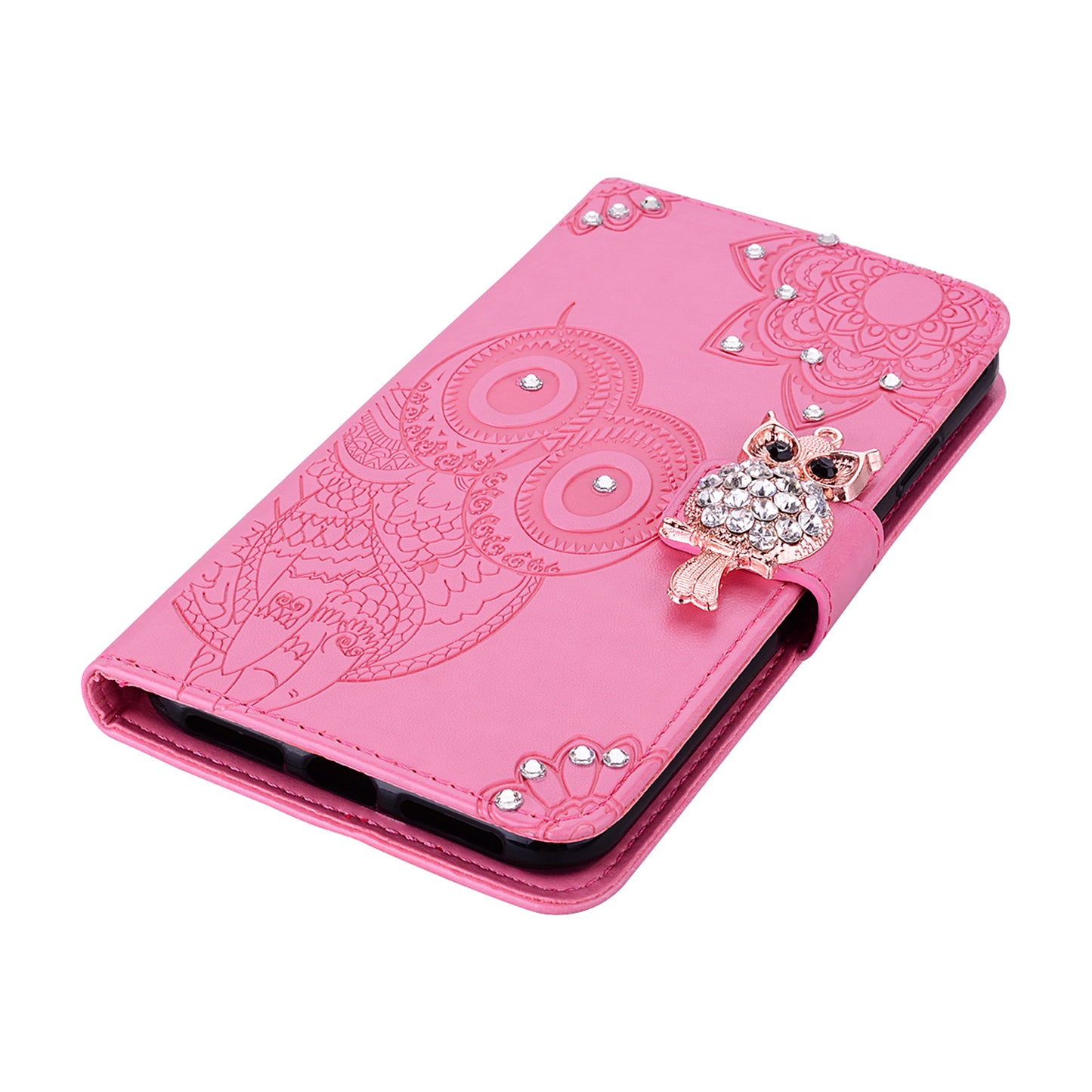 Bling Rhinestone Decor Imprinted Owl Flower Pattern Leather Case Shell with Stand Wallet for Google Pixel 6