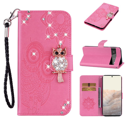 Bling Rhinestone Decor Imprinted Owl Flower Pattern Leather Case Shell with Stand Wallet for Google Pixel 6