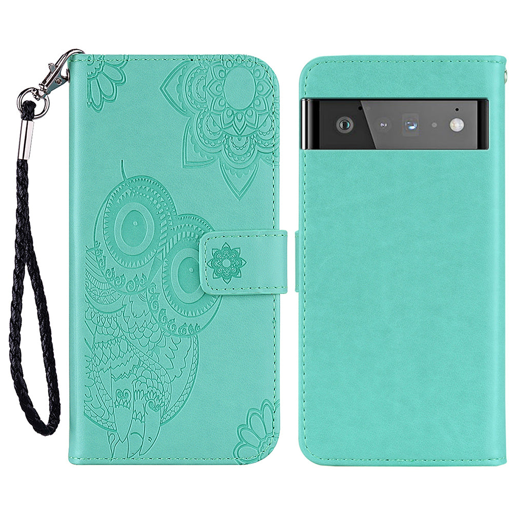 Scratch-resistant Flip Phone Case Imprinted Owl Flower Pattern Leather Wallet Shell for Google Pixel 6 Pro