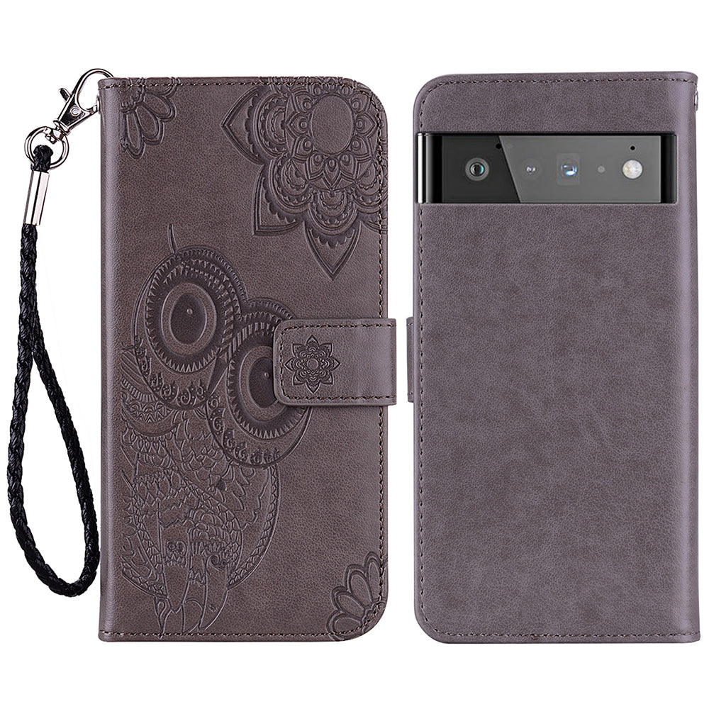 Scratch-resistant Flip Phone Case Imprinted Owl Flower Pattern Leather Wallet Shell for Google Pixel 6 Pro