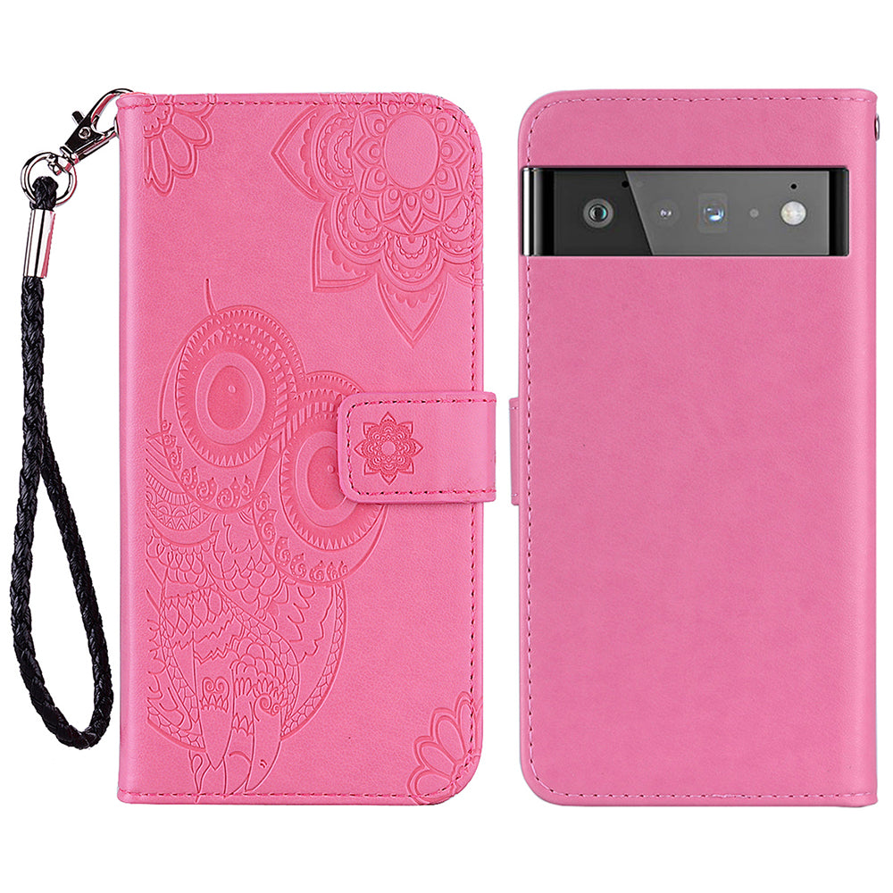 Scratch-resistant Flip Phone Case Imprinted Owl Flower Pattern Leather Wallet Shell for Google Pixel 6 Pro