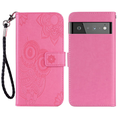 Scratch-resistant Flip Phone Case Imprinted Owl Flower Pattern Leather Wallet Shell for Google Pixel 6 Pro