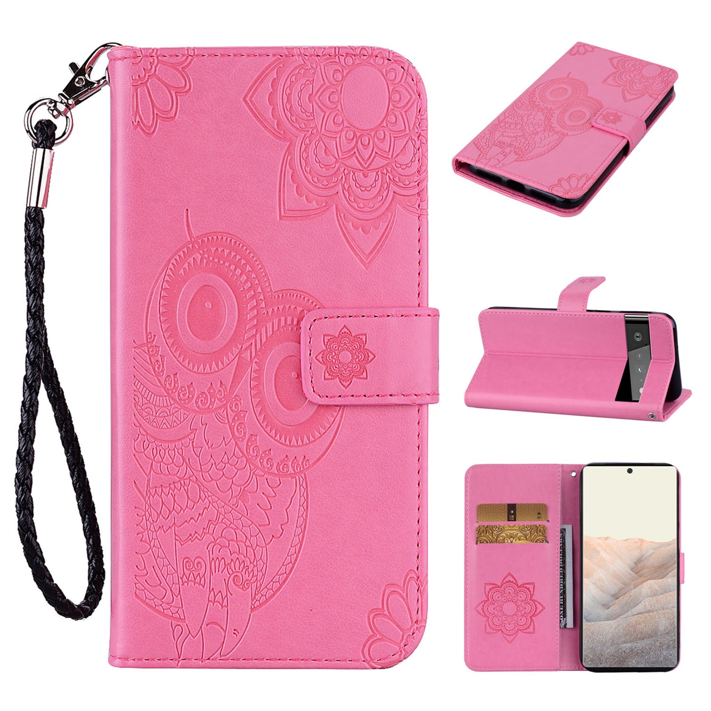 Scratch-resistant Flip Phone Case Imprinted Owl Flower Pattern Leather Wallet Shell for Google Pixel 6 Pro