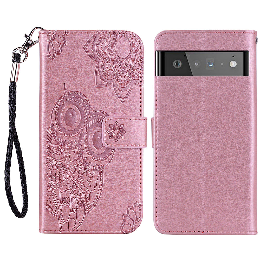 Scratch-resistant Flip Phone Case Imprinted Owl Flower Pattern Leather Wallet Shell for Google Pixel 6 Pro