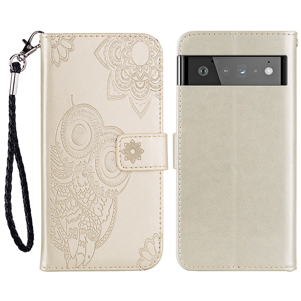 Scratch-resistant Flip Phone Case Imprinted Owl Flower Pattern Leather Wallet Shell for Google Pixel 6 Pro