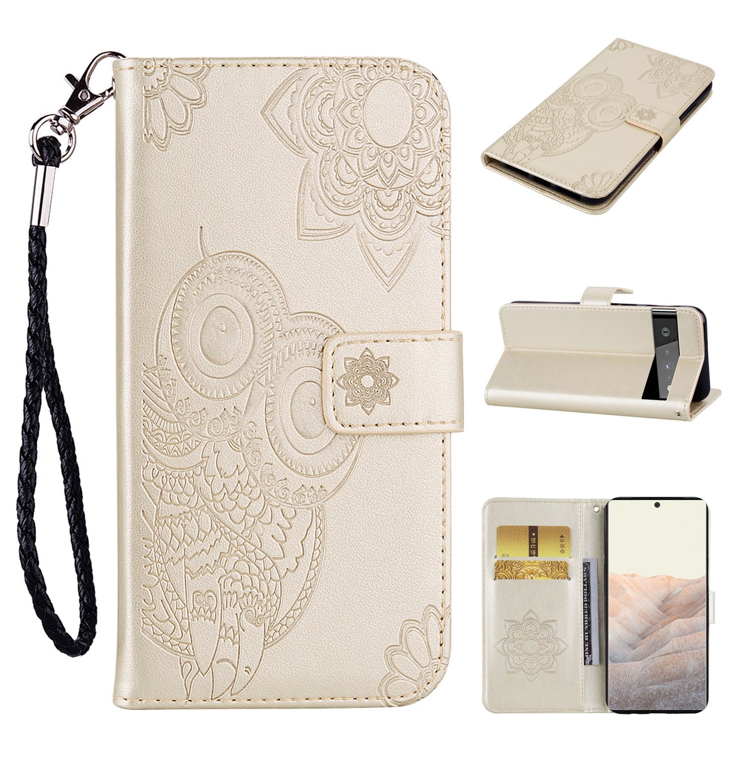 Scratch-resistant Flip Phone Case Imprinted Owl Flower Pattern Leather Wallet Shell for Google Pixel 6 Pro