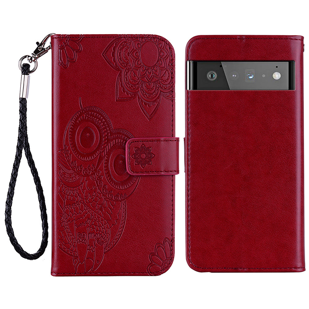 Scratch-resistant Flip Phone Case Imprinted Owl Flower Pattern Leather Wallet Shell for Google Pixel 6 Pro