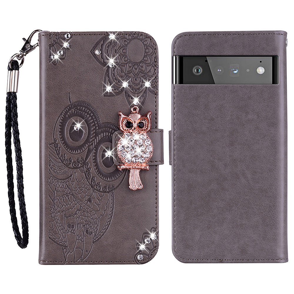 Flip Phone Case Bling Rhinestone Decor Imprinted Owl Flower Pattern Leather Wallet Shell for Google Pixel 6 Pro