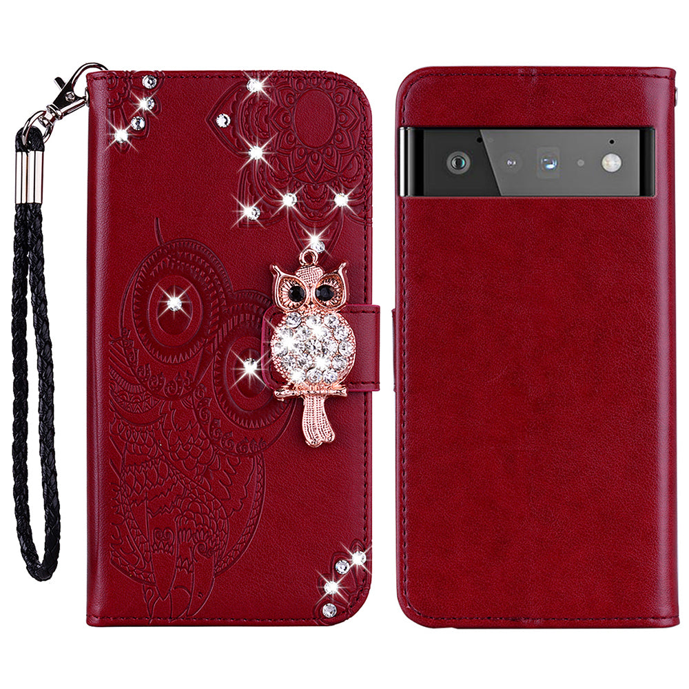 Flip Phone Case Bling Rhinestone Decor Imprinted Owl Flower Pattern Leather Wallet Shell for Google Pixel 6 Pro