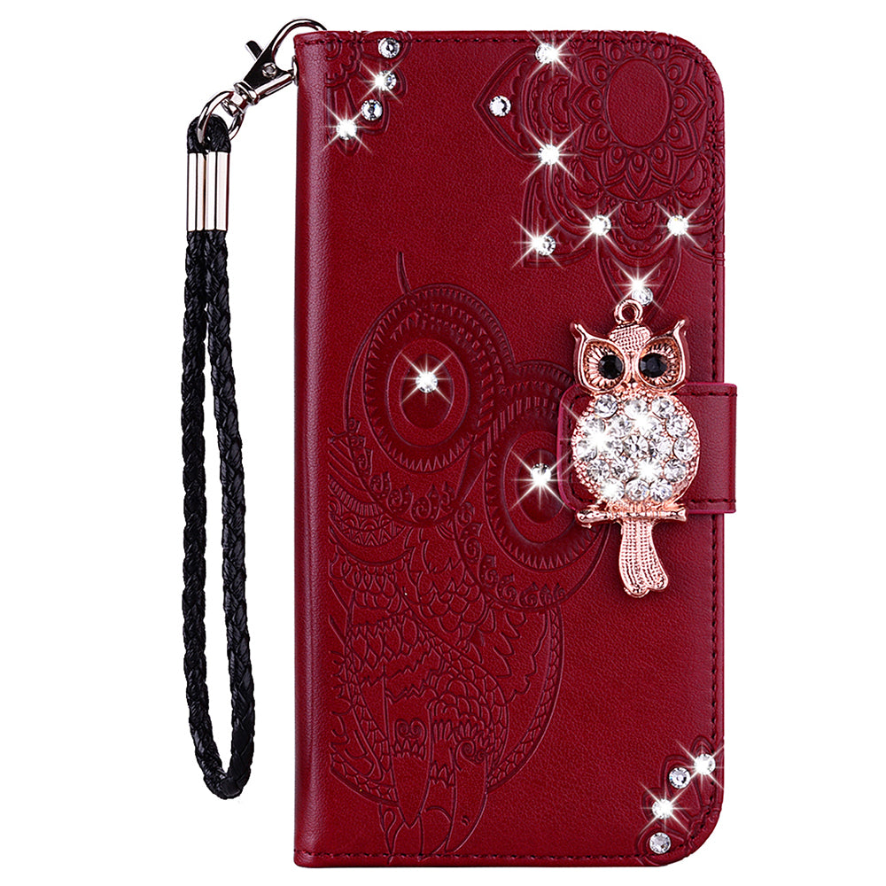 Flip Phone Case Bling Rhinestone Decor Imprinted Owl Flower Pattern Leather Wallet Shell for Google Pixel 6 Pro