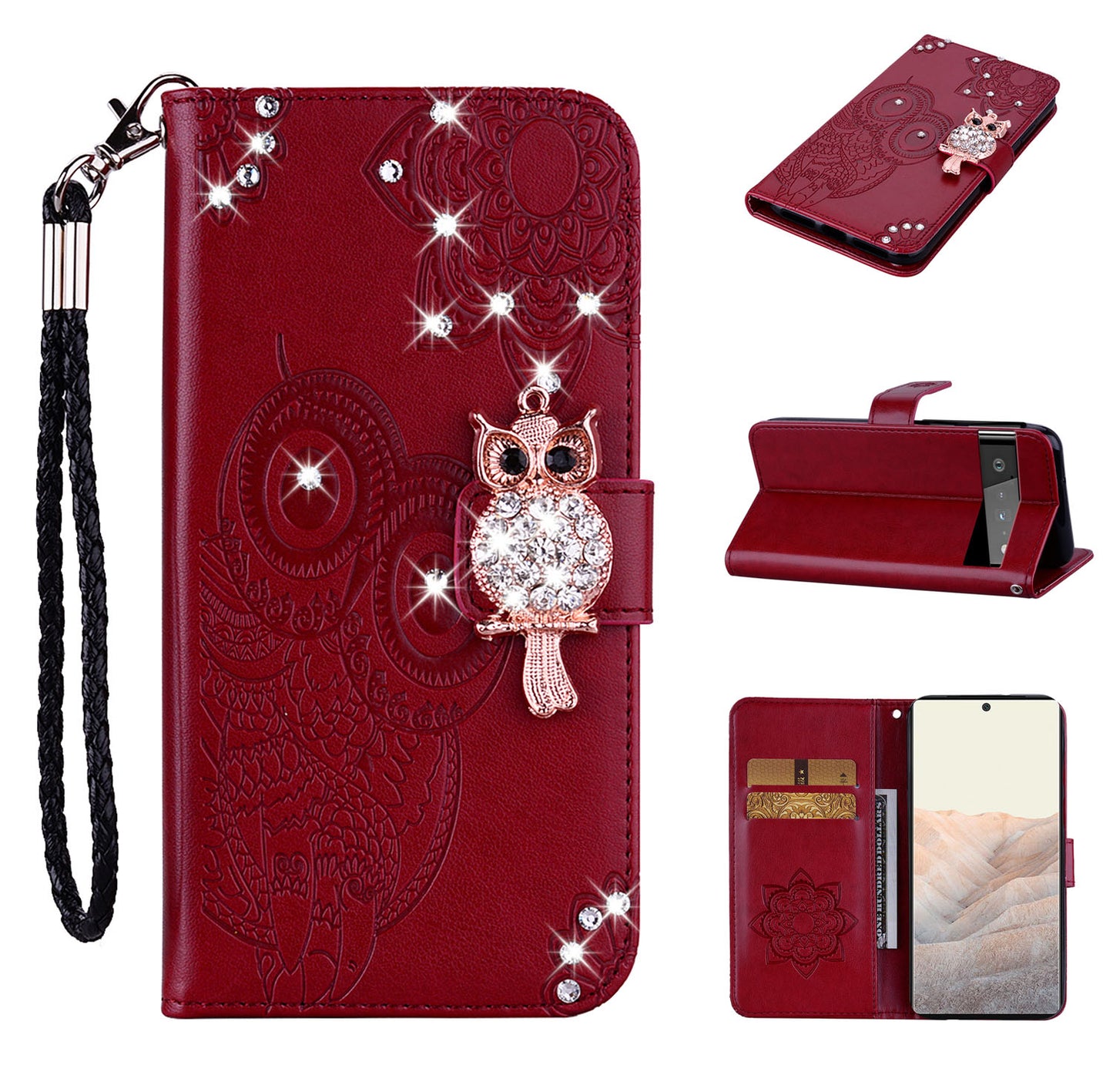 Flip Phone Case Bling Rhinestone Decor Imprinted Owl Flower Pattern Leather Wallet Shell for Google Pixel 6 Pro