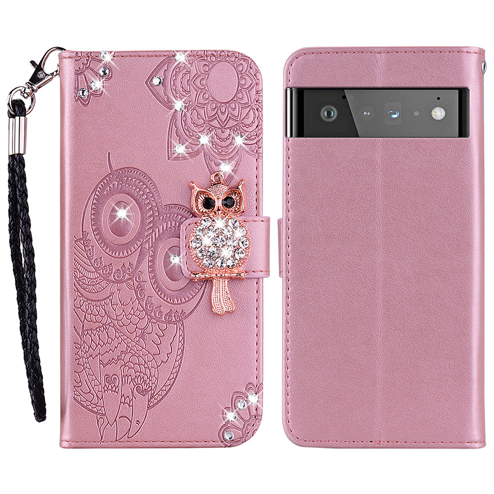 Flip Phone Case Bling Rhinestone Decor Imprinted Owl Flower Pattern Leather Wallet Shell for Google Pixel 6 Pro