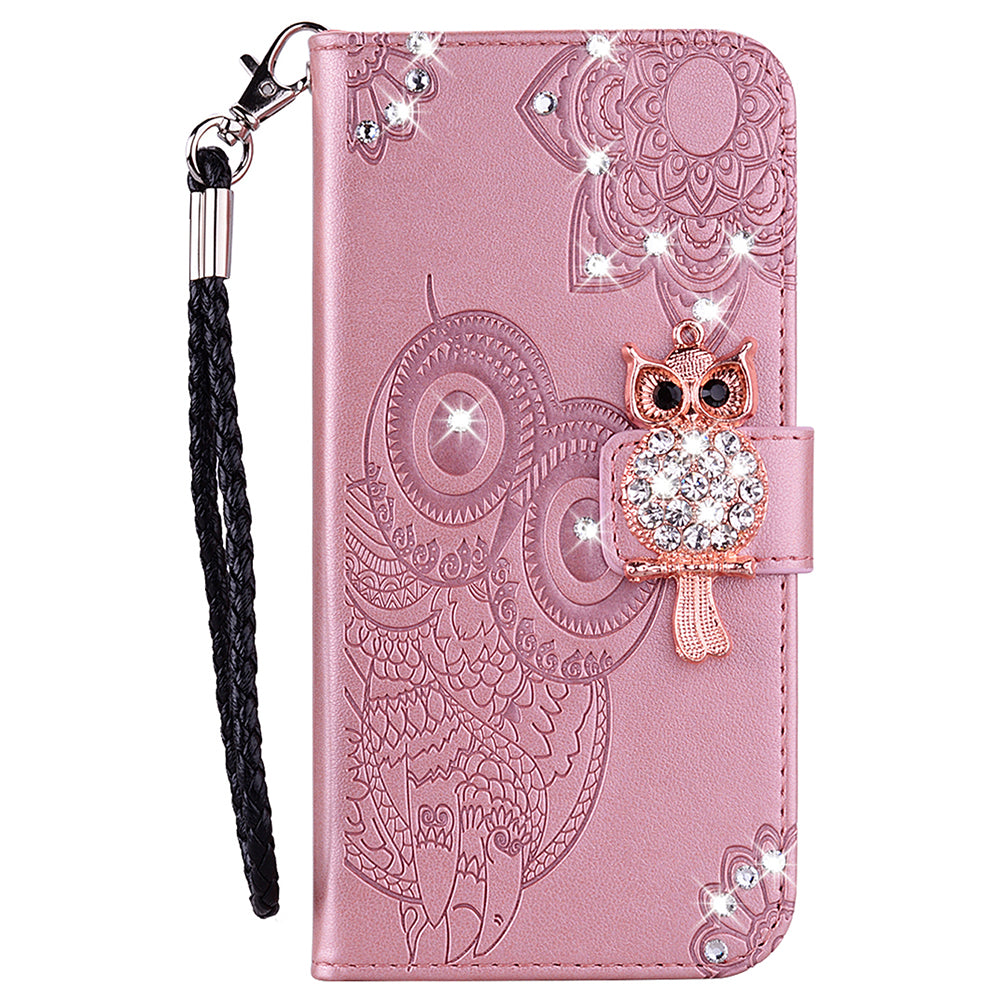 Flip Phone Case Bling Rhinestone Decor Imprinted Owl Flower Pattern Leather Wallet Shell for Google Pixel 6 Pro