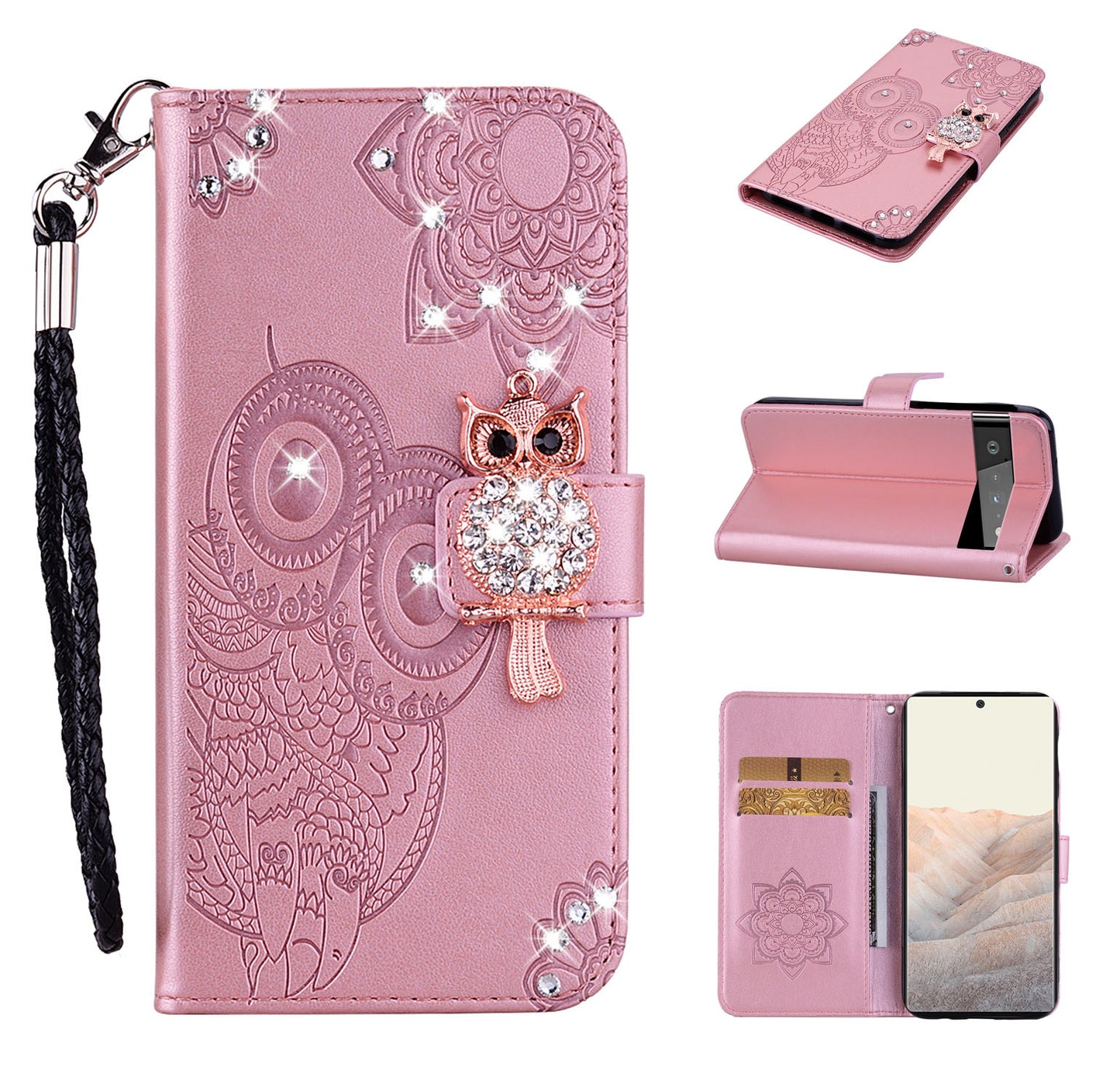 Flip Phone Case Bling Rhinestone Decor Imprinted Owl Flower Pattern Leather Wallet Shell for Google Pixel 6 Pro