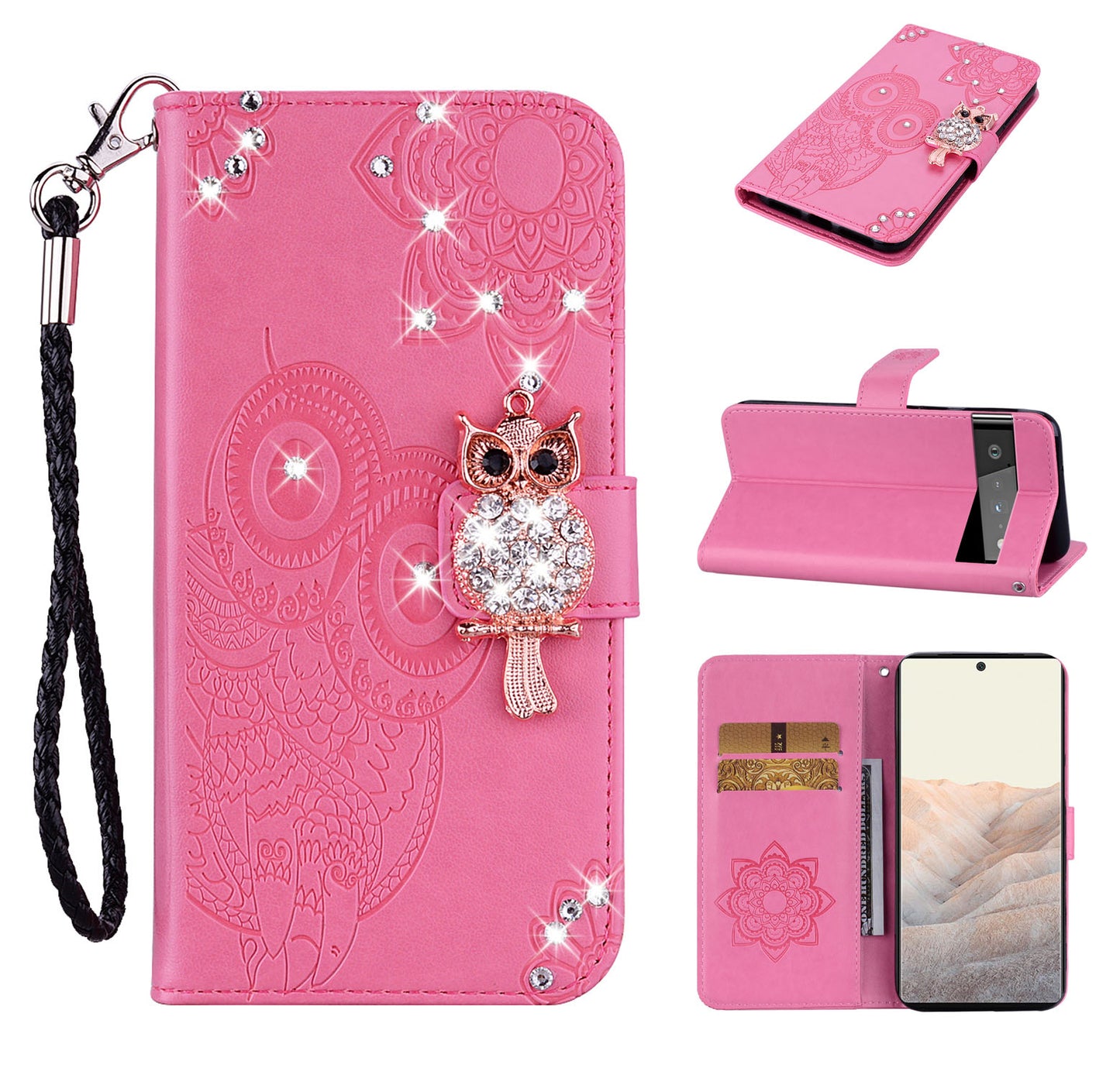 Flip Phone Case Bling Rhinestone Decor Imprinted Owl Flower Pattern Leather Wallet Shell for Google Pixel 6 Pro