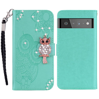 Flip Phone Case Bling Rhinestone Decor Imprinted Owl Flower Pattern Leather Wallet Shell for Google Pixel 6 Pro