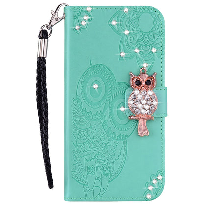 Flip Phone Case Bling Rhinestone Decor Imprinted Owl Flower Pattern Leather Wallet Shell for Google Pixel 6 Pro