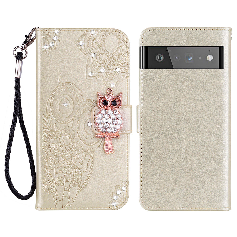 Flip Phone Case Bling Rhinestone Decor Imprinted Owl Flower Pattern Leather Wallet Shell for Google Pixel 6 Pro