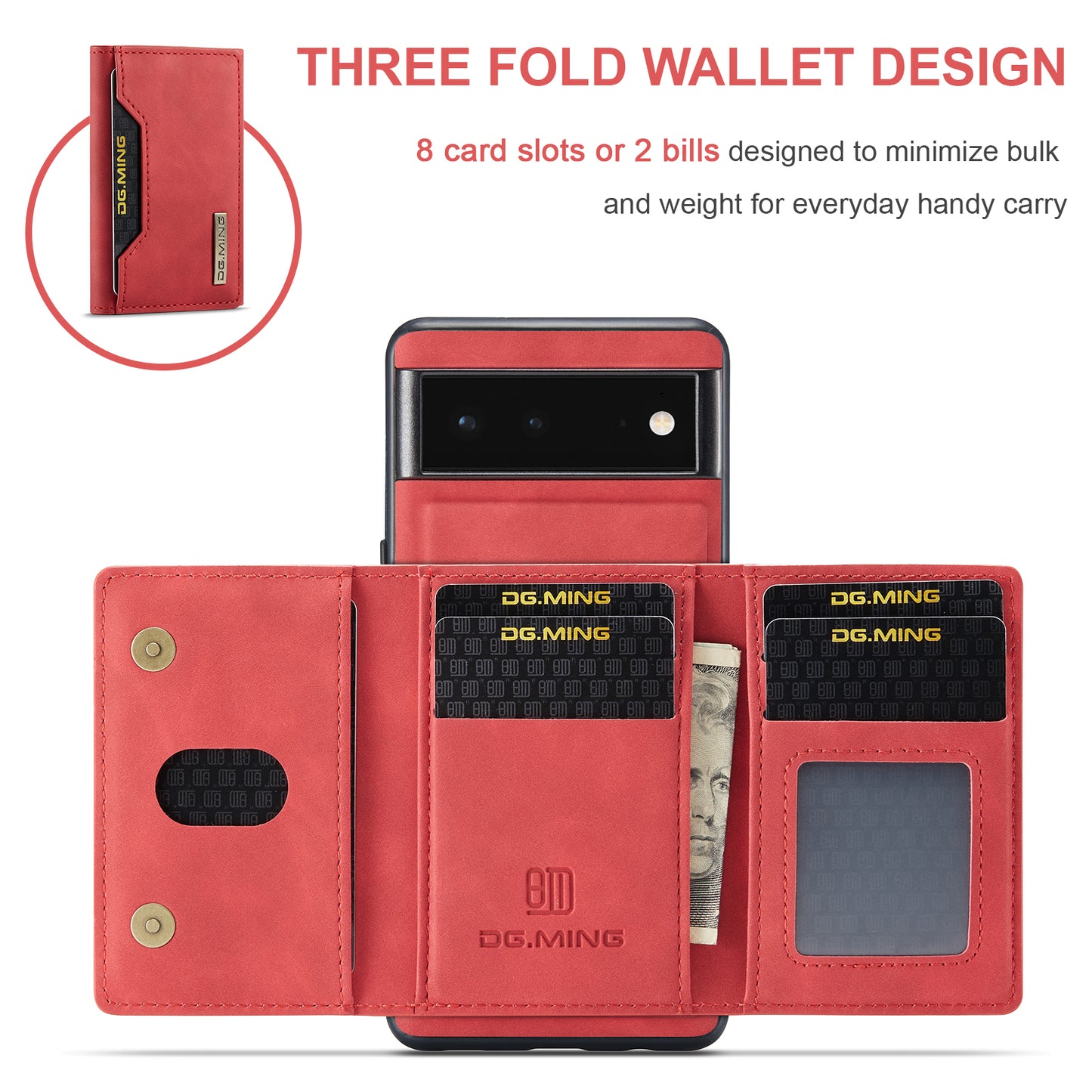 DG.MING M2 Series Multi Card Slots Anti-fall Magnetic Wallet Design Hybrid Case with Kickstand for Google Pixel 6