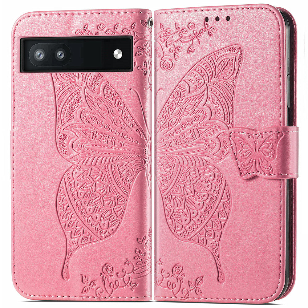 For Google Pixel 6a Butterfly Flower Imprinted PU Leather Wallet Flip Case with Stand and Strap