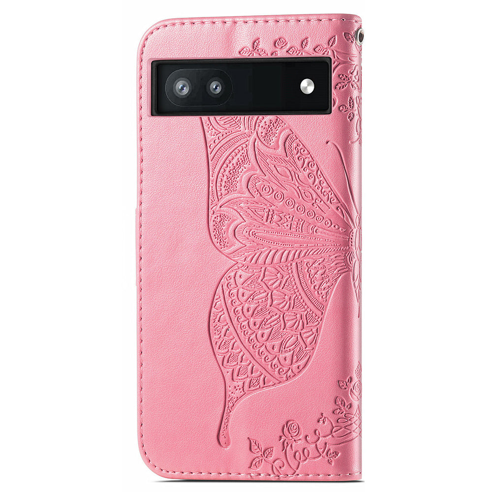 For Google Pixel 6a Butterfly Flower Imprinted PU Leather Wallet Flip Case with Stand and Strap