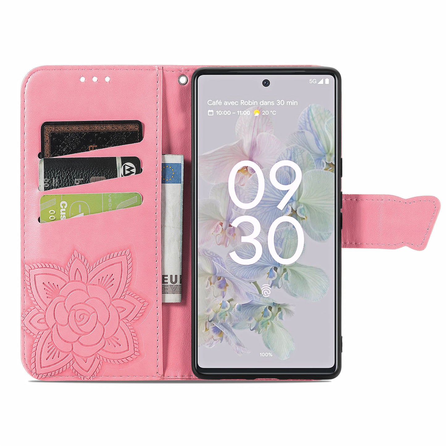 For Google Pixel 6a Butterfly Flower Imprinted PU Leather Wallet Flip Case with Stand and Strap