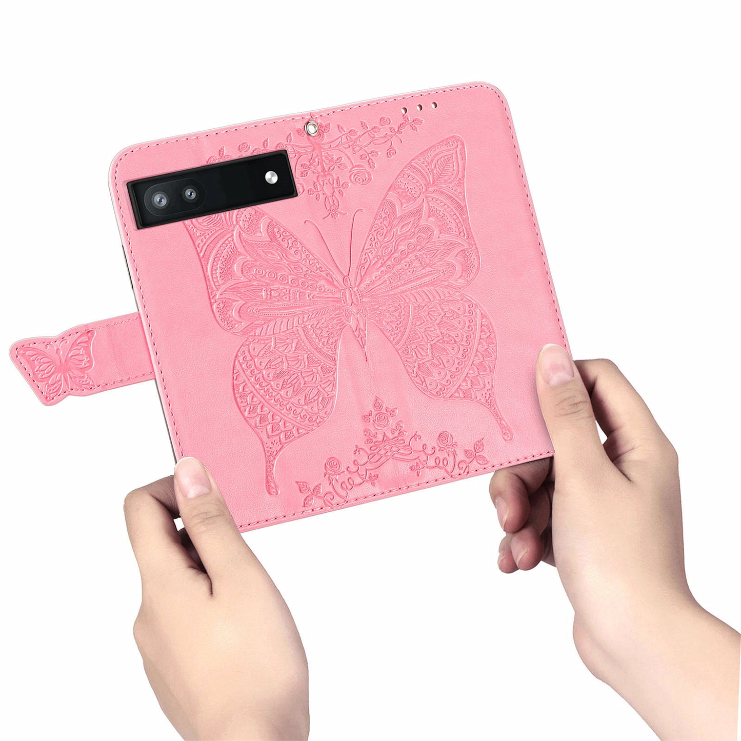 For Google Pixel 6a Butterfly Flower Imprinted PU Leather Wallet Flip Case with Stand and Strap