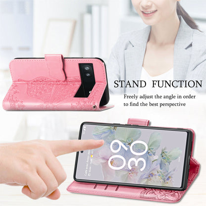 For Google Pixel 6a Butterfly Flower Imprinted PU Leather Wallet Flip Case with Stand and Strap