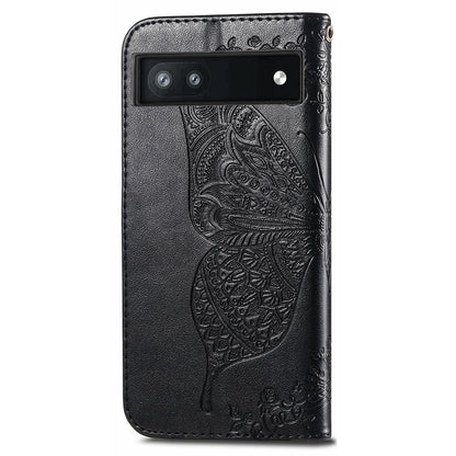 For Google Pixel 6a Butterfly Flower Imprinted PU Leather Wallet Flip Case with Stand and Strap