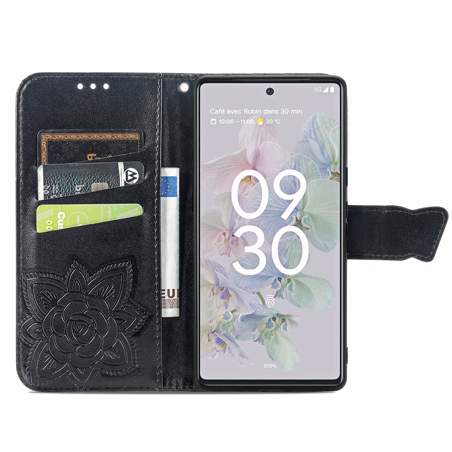 For Google Pixel 6a Butterfly Flower Imprinted PU Leather Wallet Flip Case with Stand and Strap