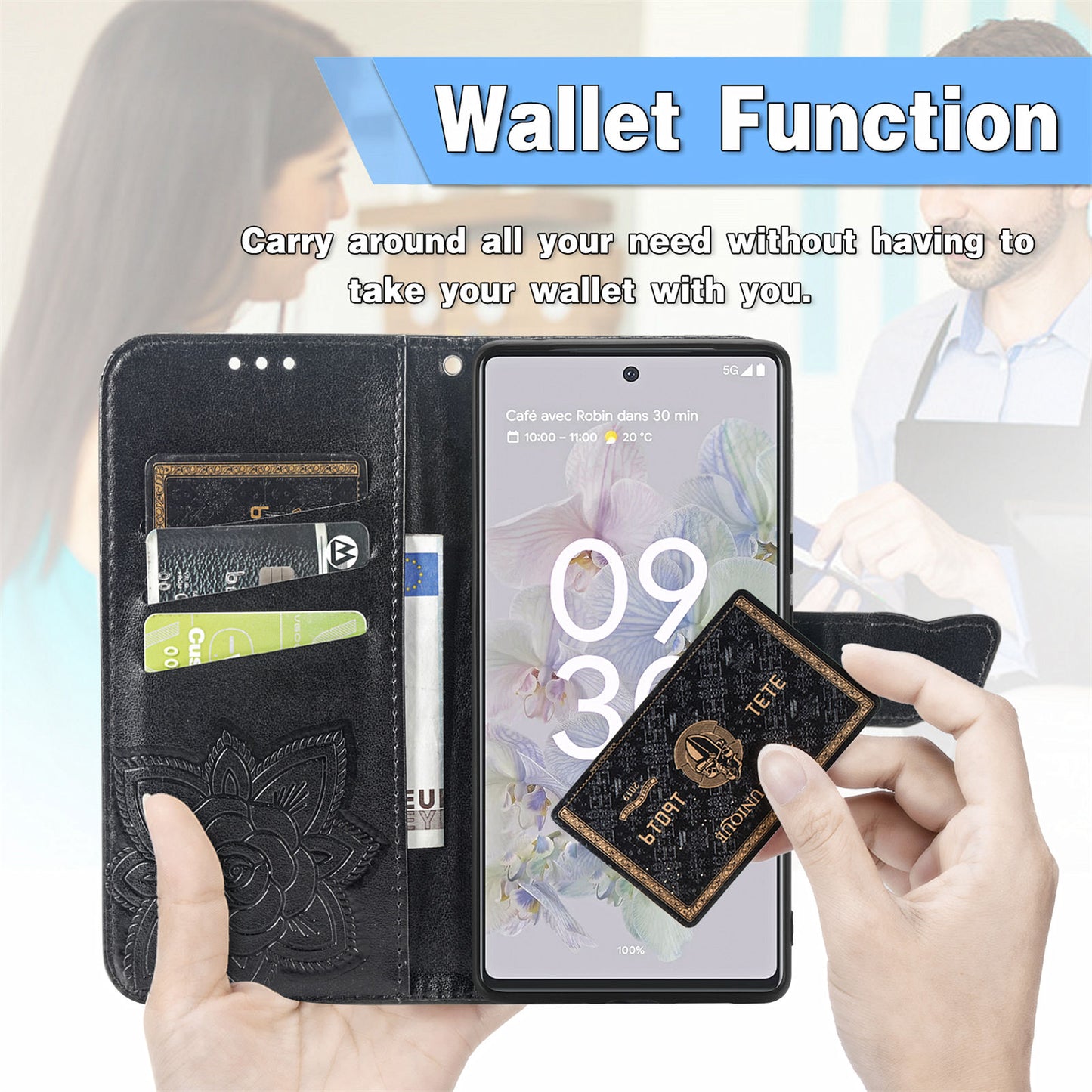 For Google Pixel 6a Butterfly Flower Imprinted PU Leather Wallet Flip Case with Stand and Strap