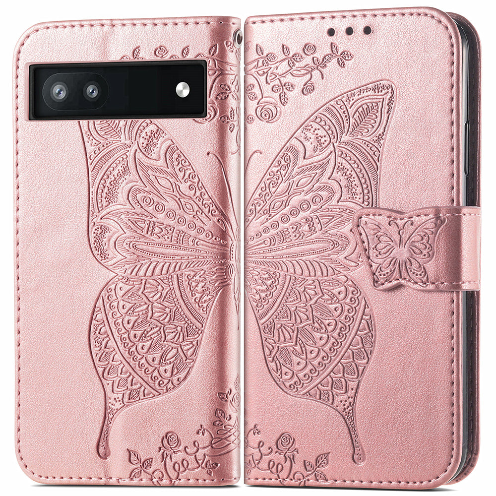 For Google Pixel 6a Butterfly Flower Imprinted PU Leather Wallet Flip Case with Stand and Strap