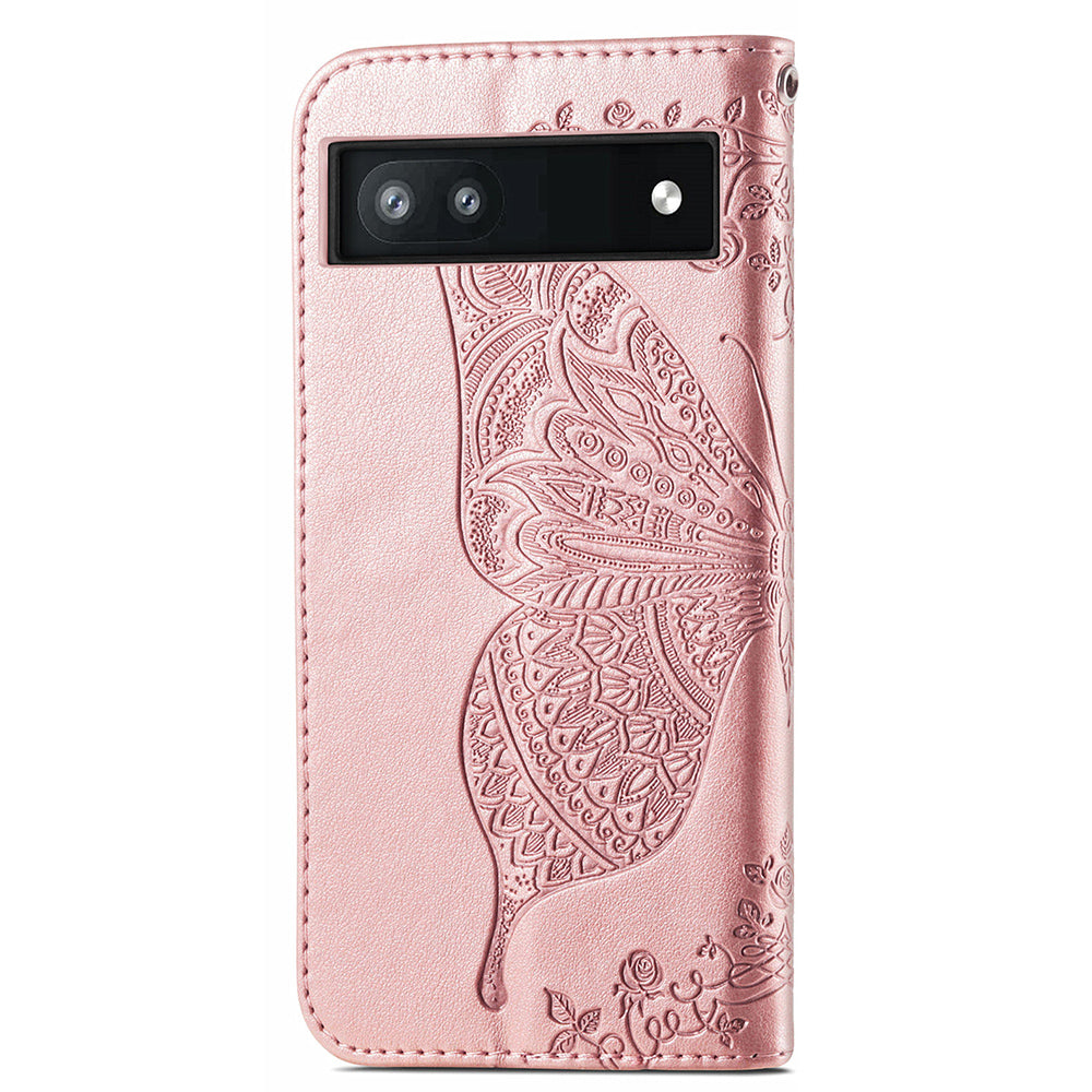 For Google Pixel 6a Butterfly Flower Imprinted PU Leather Wallet Flip Case with Stand and Strap