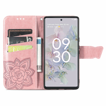 For Google Pixel 6a Butterfly Flower Imprinted PU Leather Wallet Flip Case with Stand and Strap