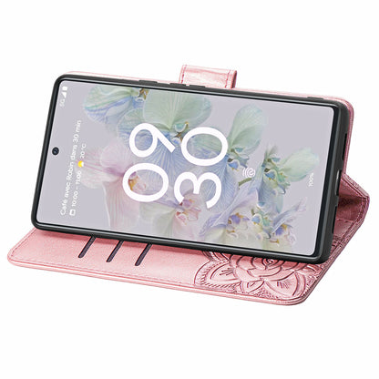 For Google Pixel 6a Butterfly Flower Imprinted PU Leather Wallet Flip Case with Stand and Strap