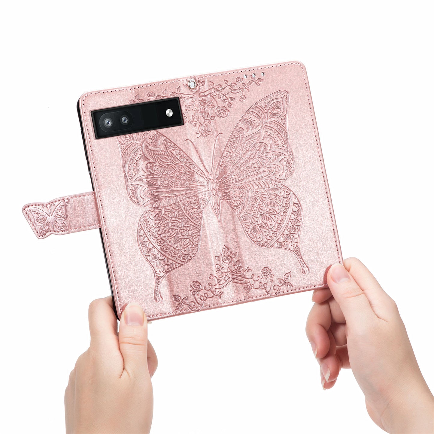 For Google Pixel 6a Butterfly Flower Imprinted PU Leather Wallet Flip Case with Stand and Strap