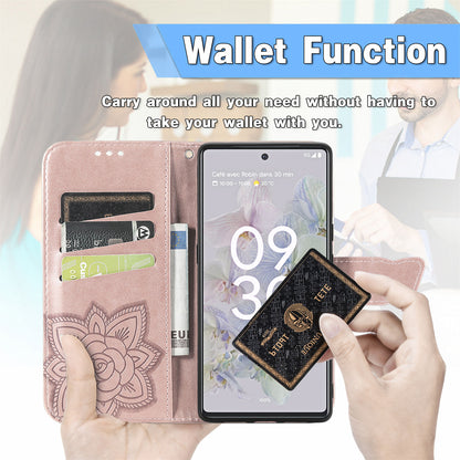 For Google Pixel 6a Butterfly Flower Imprinted PU Leather Wallet Flip Case with Stand and Strap