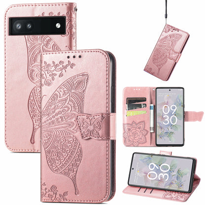 For Google Pixel 6a Butterfly Flower Imprinted PU Leather Wallet Flip Case with Stand and Strap