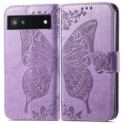 For Google Pixel 6a Butterfly Flower Imprinted PU Leather Wallet Flip Case with Stand and Strap