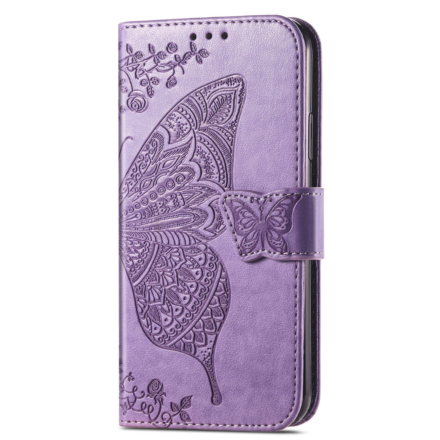 For Google Pixel 6a Butterfly Flower Imprinted PU Leather Wallet Flip Case with Stand and Strap